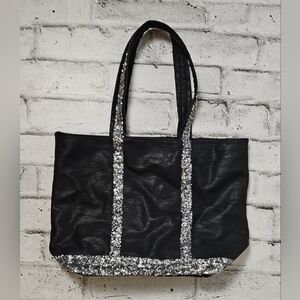 Bliss Black Faux Leather Tote Bag Silver Sequin Trim Glam Shoulder Bag